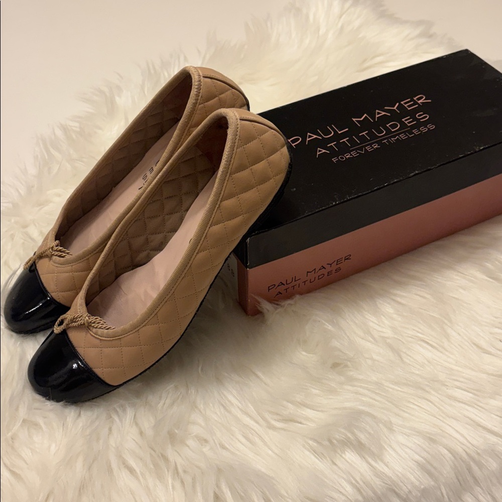 Paul Mayer Cream Quilted Flats with Black Toe Cozy